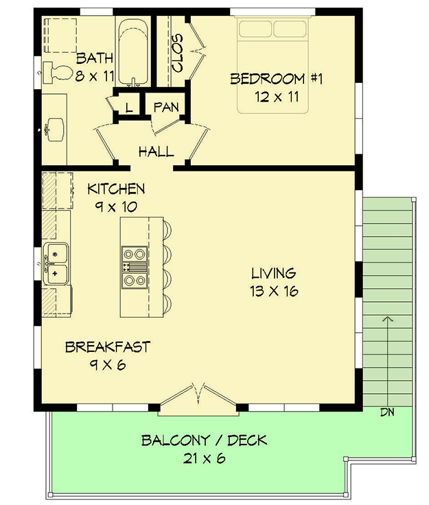 Plan 68640VR: Modern Carriage House Plan ADU with Drive-Under Garage - 650 Sq Ft - Floor Plan - Second Floor - Carriage, Contemporary, Mid Century Modern, Modern, Mountain