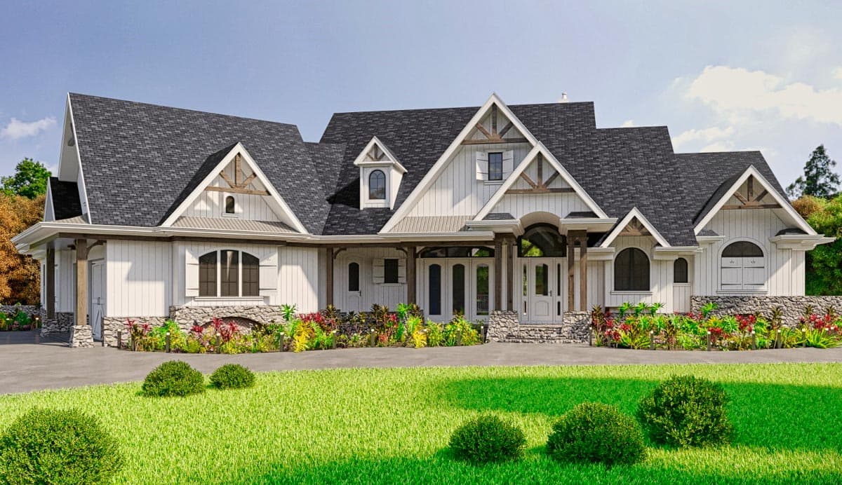 Modern Farmhouse house plan exterior with a covered porch, multiple gables, stone accents, and arched windows.
