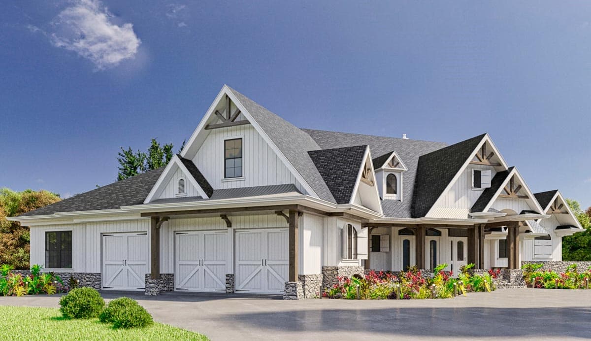 House plan exterior: Modern Farmhouse style with three-car garage, prominent gables, dormers, and stone accents.
