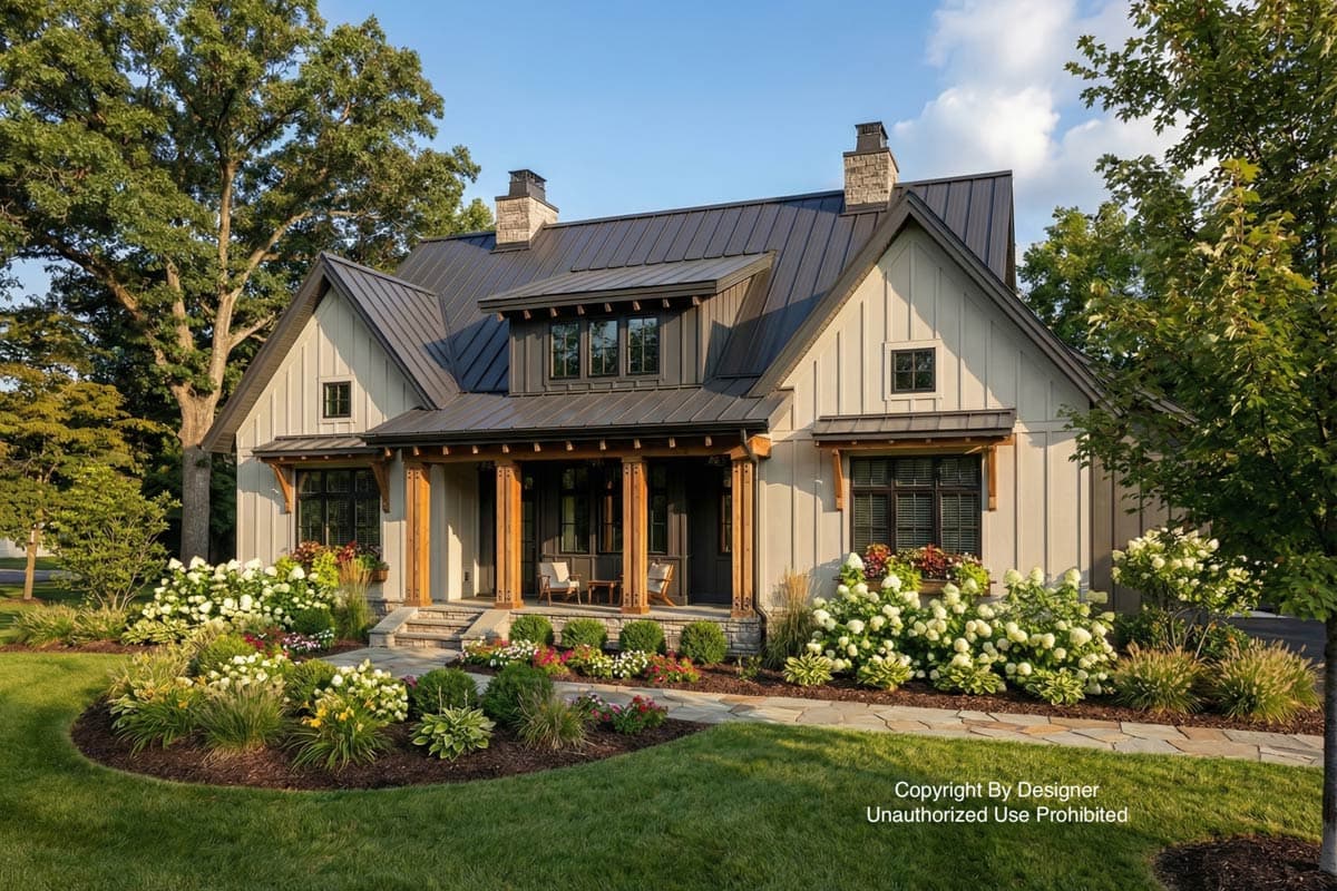 A farmhouse with a dark metal roof and light siding is framed by lush landscaping. A stone path leads to a porch with wooden columns.