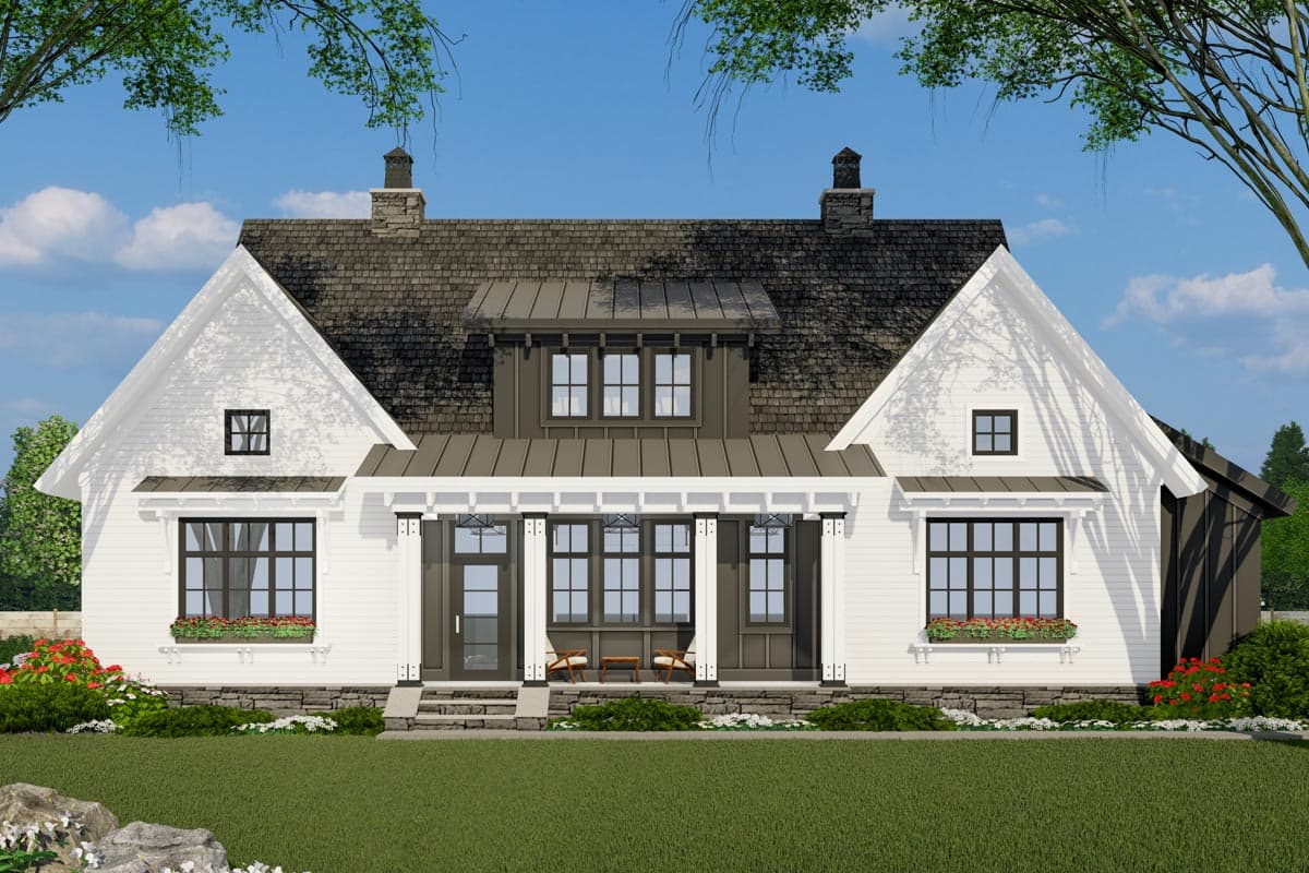 House plan exterior: Modern Farmhouse style, two stories, prominent gables, covered porch with decorative supports, metal dormer windows.