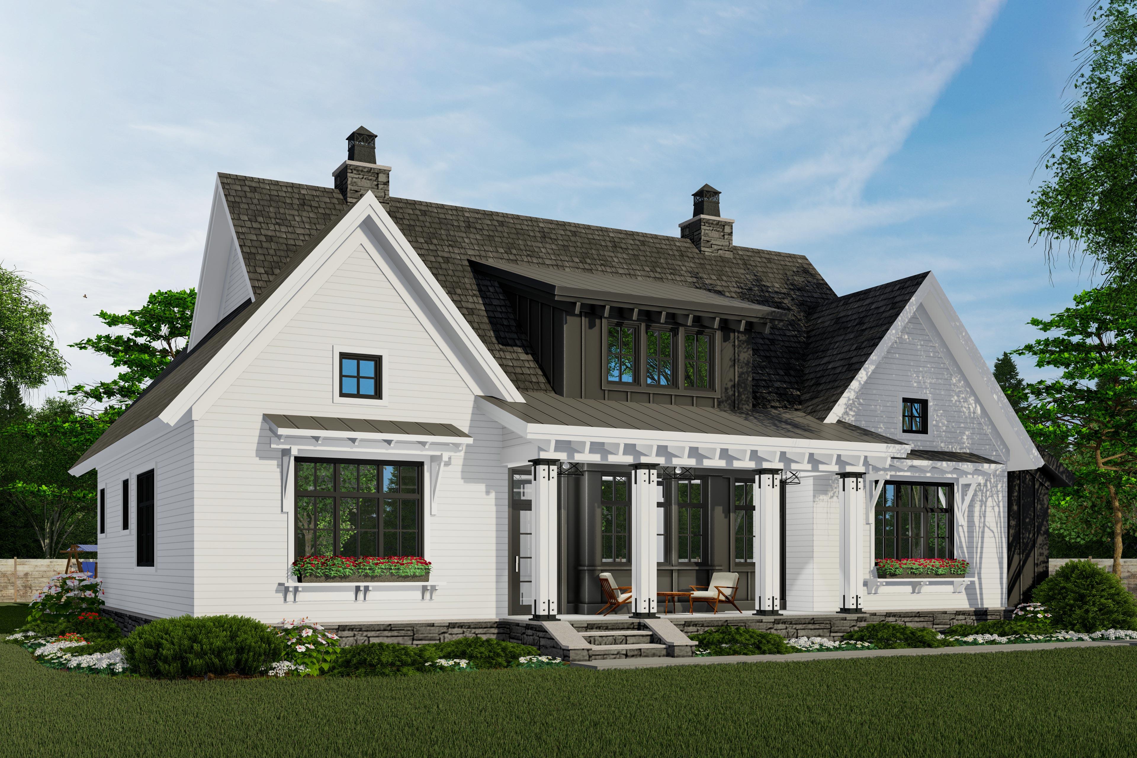 Modern Farmhouse house plan exterior with two stories, prominent gables, a covered porch, and stone accents.