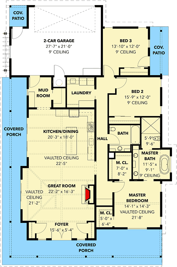 Plan 871002NST: 3-Bed Modern Farmhouse with Wrap-around Porch - Floor Plan - Main Level - Country, Farmhouse, Modern Farmhouse, New American