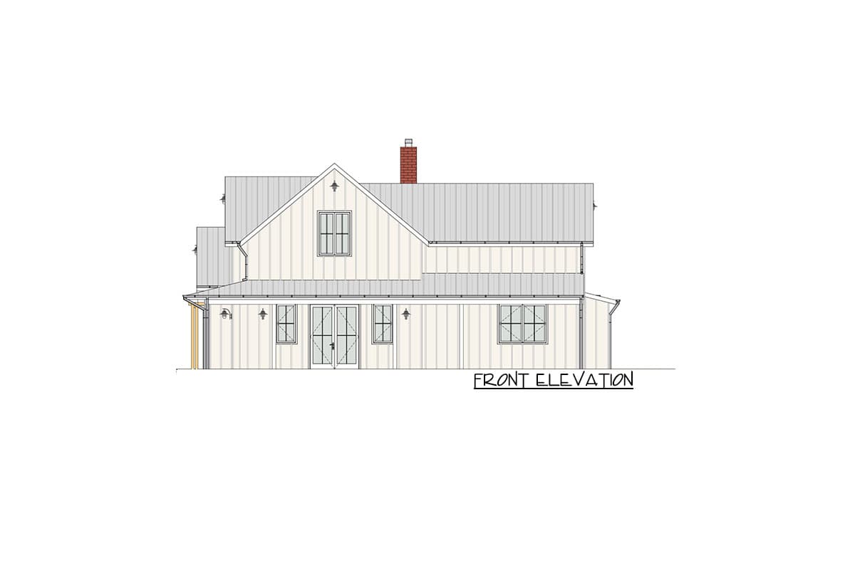 Front elevation drawing of a two-story Modern Farmhouse with metal roof, board and batten siding, gable dormer, and double glass doors.