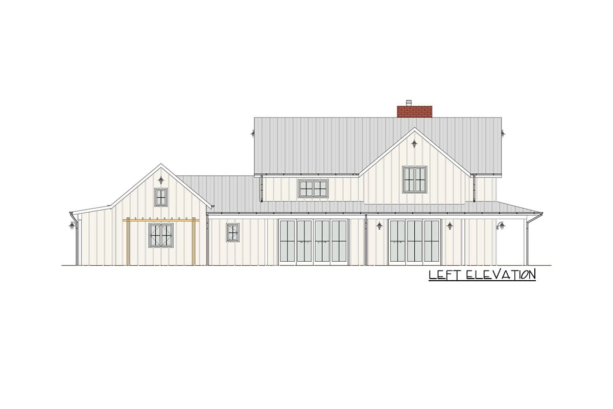 Left elevation house plan featuring a metal roof, gables, and multiple glass doors.