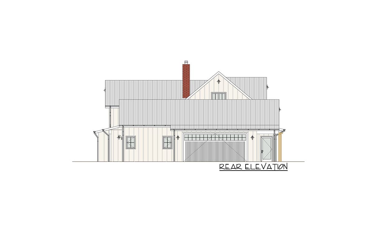 Rear elevation drawing of a two-story house with a metal roof, gabled dormer, and attached garage with multiple windows.