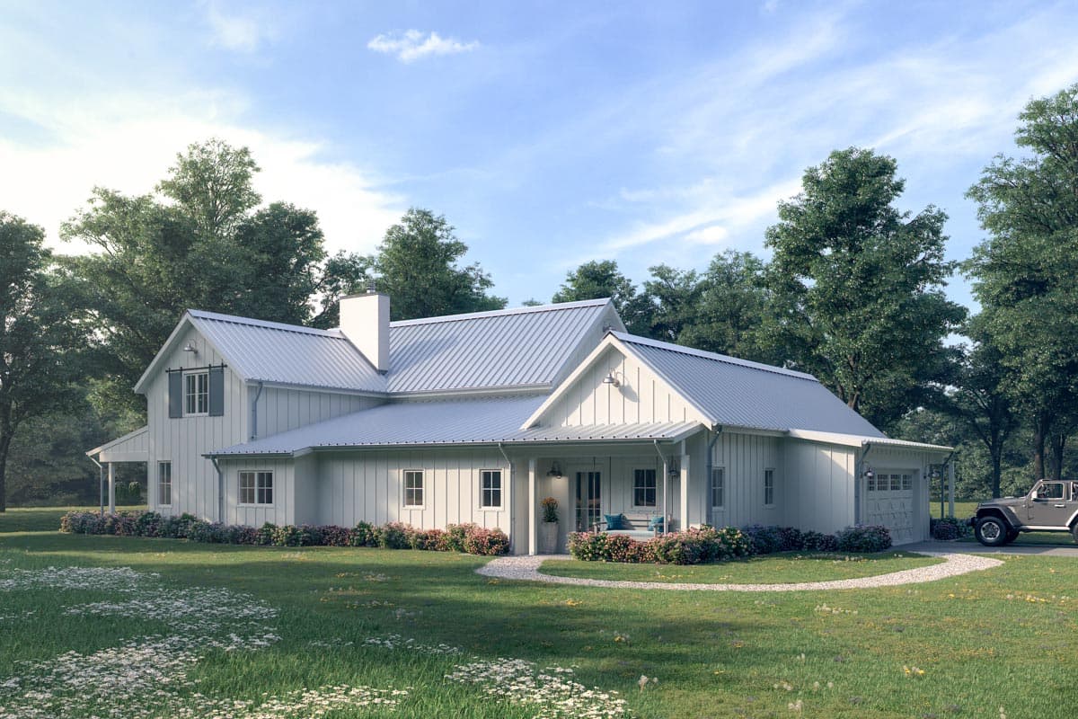 Modern Farmhouse house plan exterior with metal roof, gabled dormers, covered porch, and attached garage.