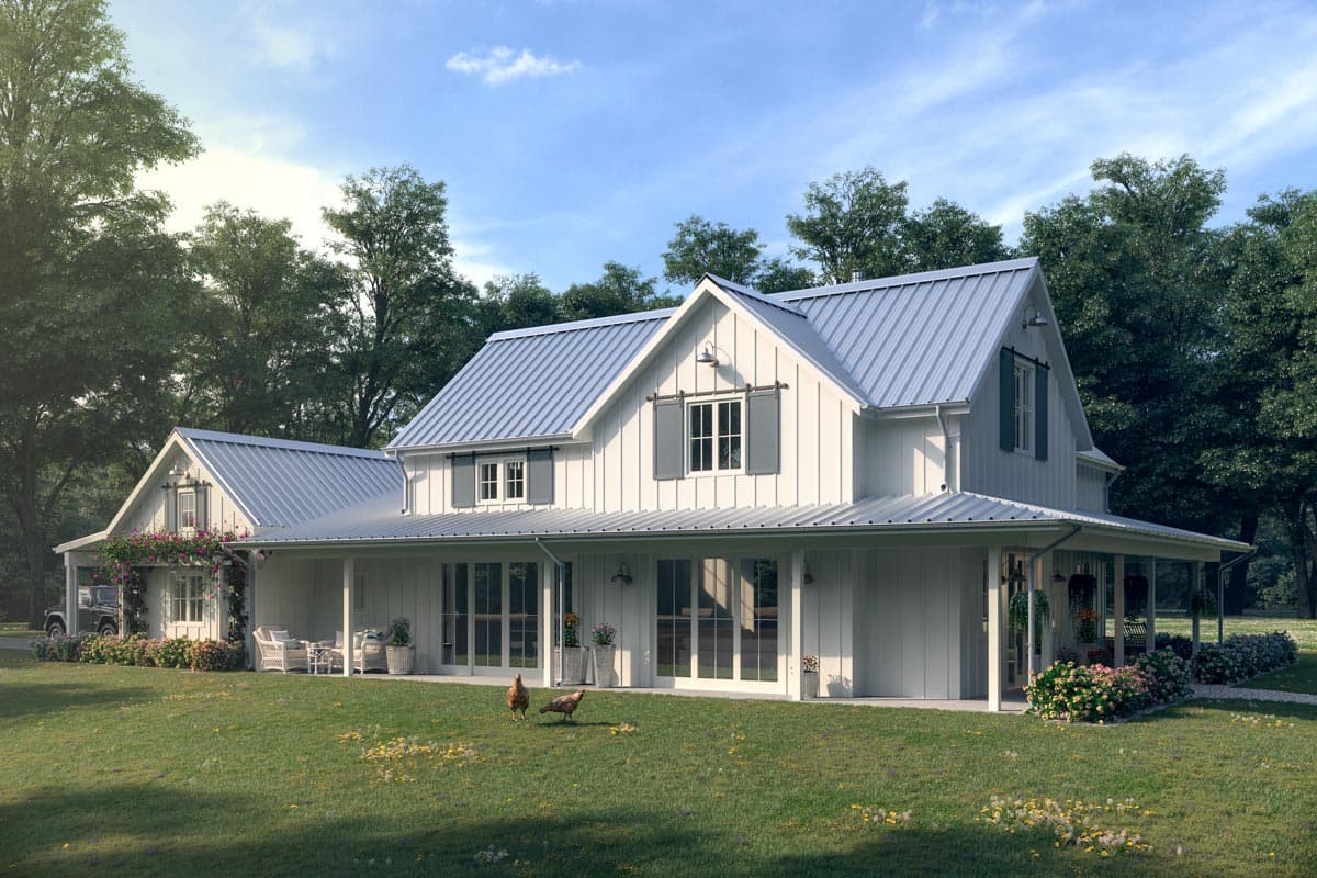 House plan exterior. Two-story Modern Farmhouse with a gabled roof, metal roof, and covered porch.
