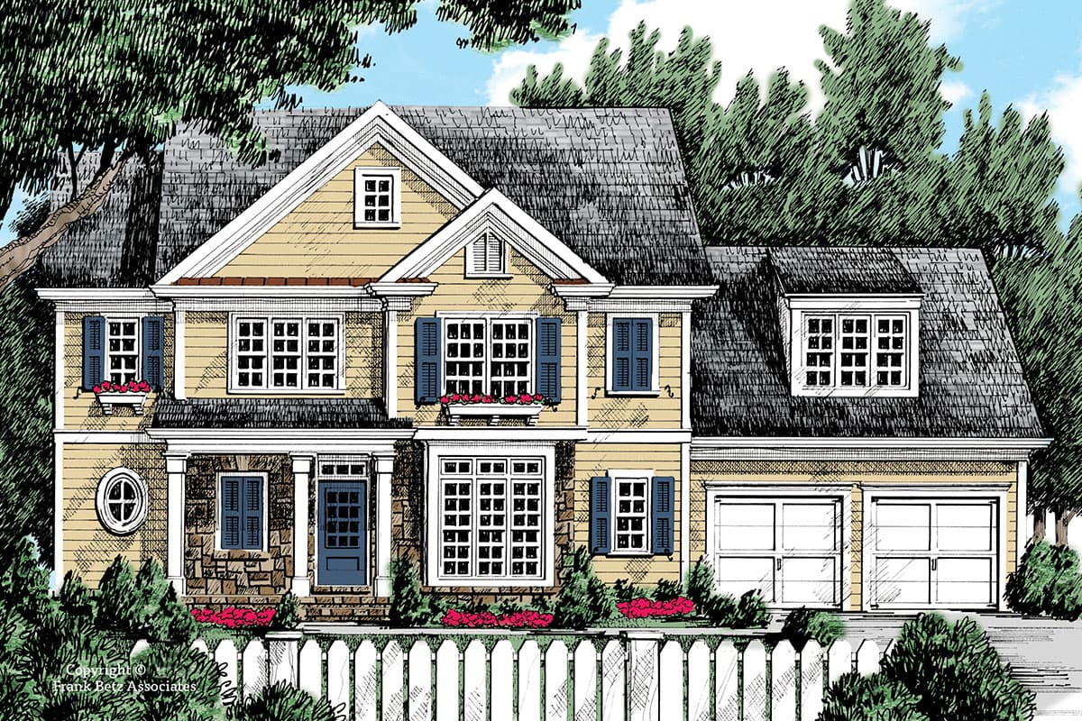 House plan exterior. Two-story home with Craftsman style. Features include a front porch, multiple gables, dormers, and an attached garage.