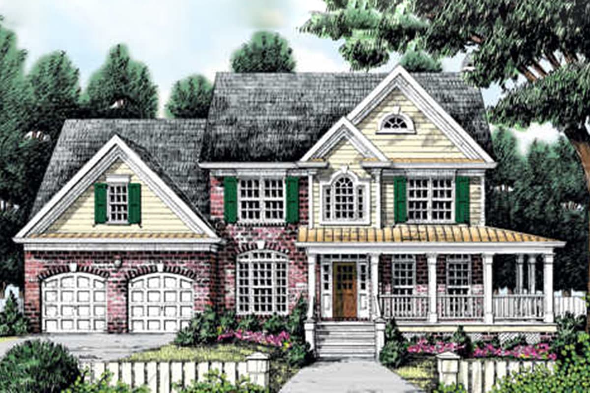 House plan exterior featuring a two-story Colonial style with gables, a front porch, and a brick facade with a two-car garage.