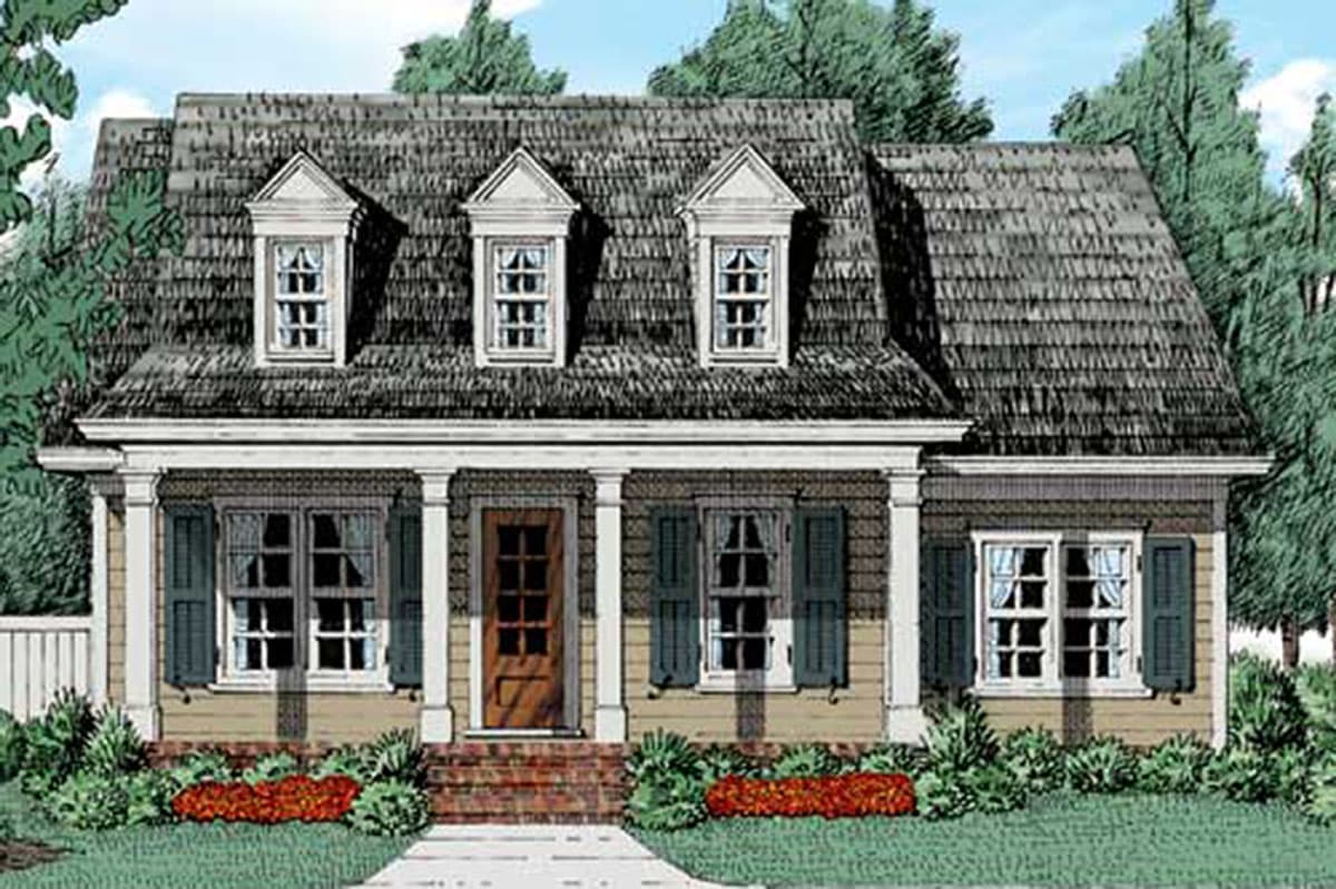 House plan exterior with columns, three dormers, and a gabled roof. Features a front porch and shutters on windows.