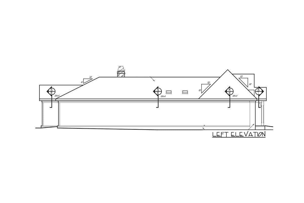 Left elevation drawing of a house plan featuring a hip roof with dormers and a chimney.