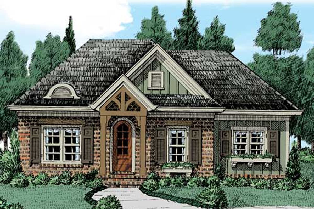 House plan exterior. Craftsman-style, single-story home with a gabled roof, arched entry, and window flower boxes.