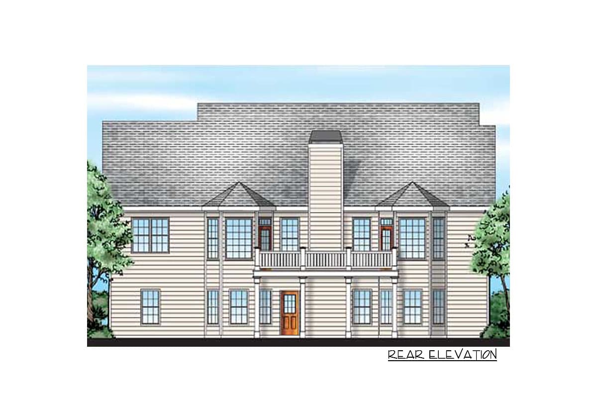 Rear elevation drawing of a two-story house with gabled dormers, a central balcony, and a prominent chimney.