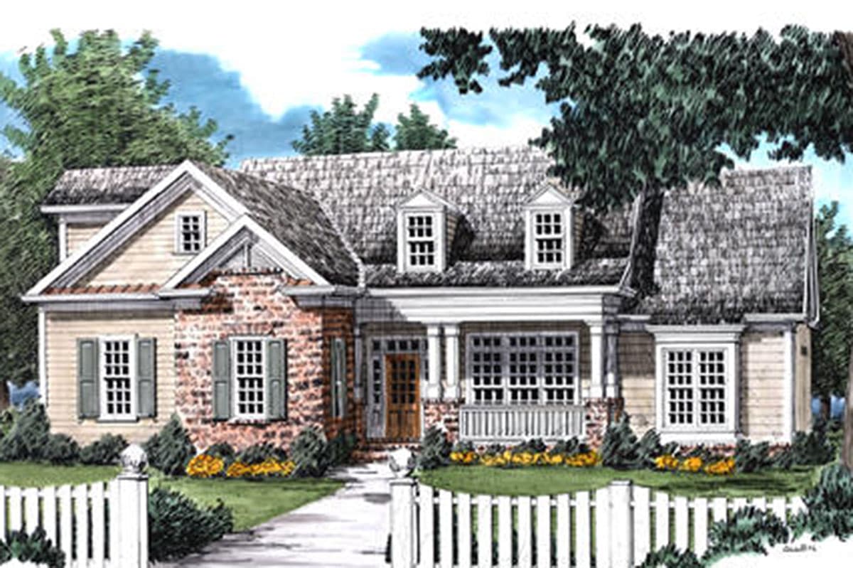 House plan exterior. Two-story home with a Craftsman style featuring a covered porch, multiple gables, and dormers with decorative trim.