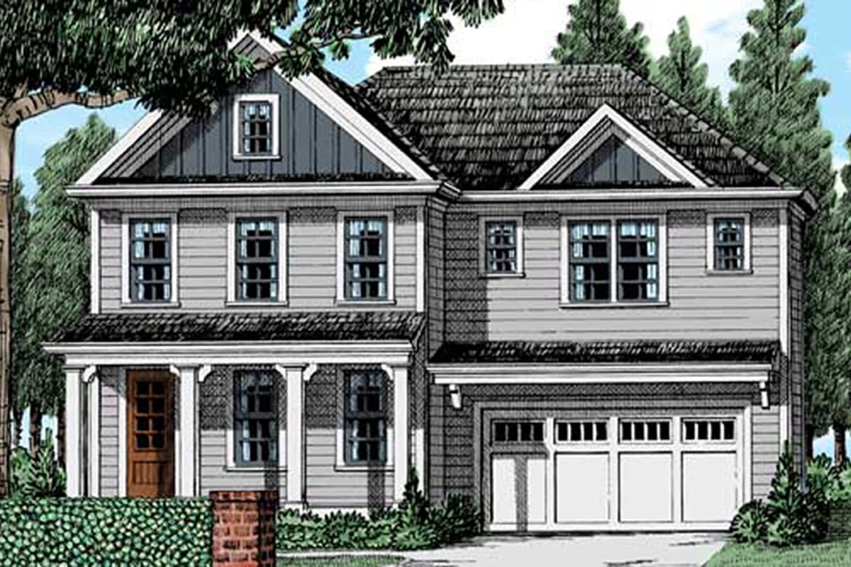 House plan exterior with two stories, Craftsman style. Features include gabled roof, front porch with columns, and attached garage.