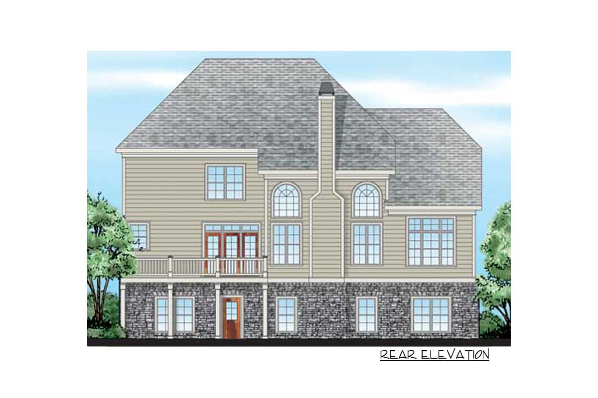 Rear elevation drawing of a two-story house with stone base, balcony, and a central chimney.