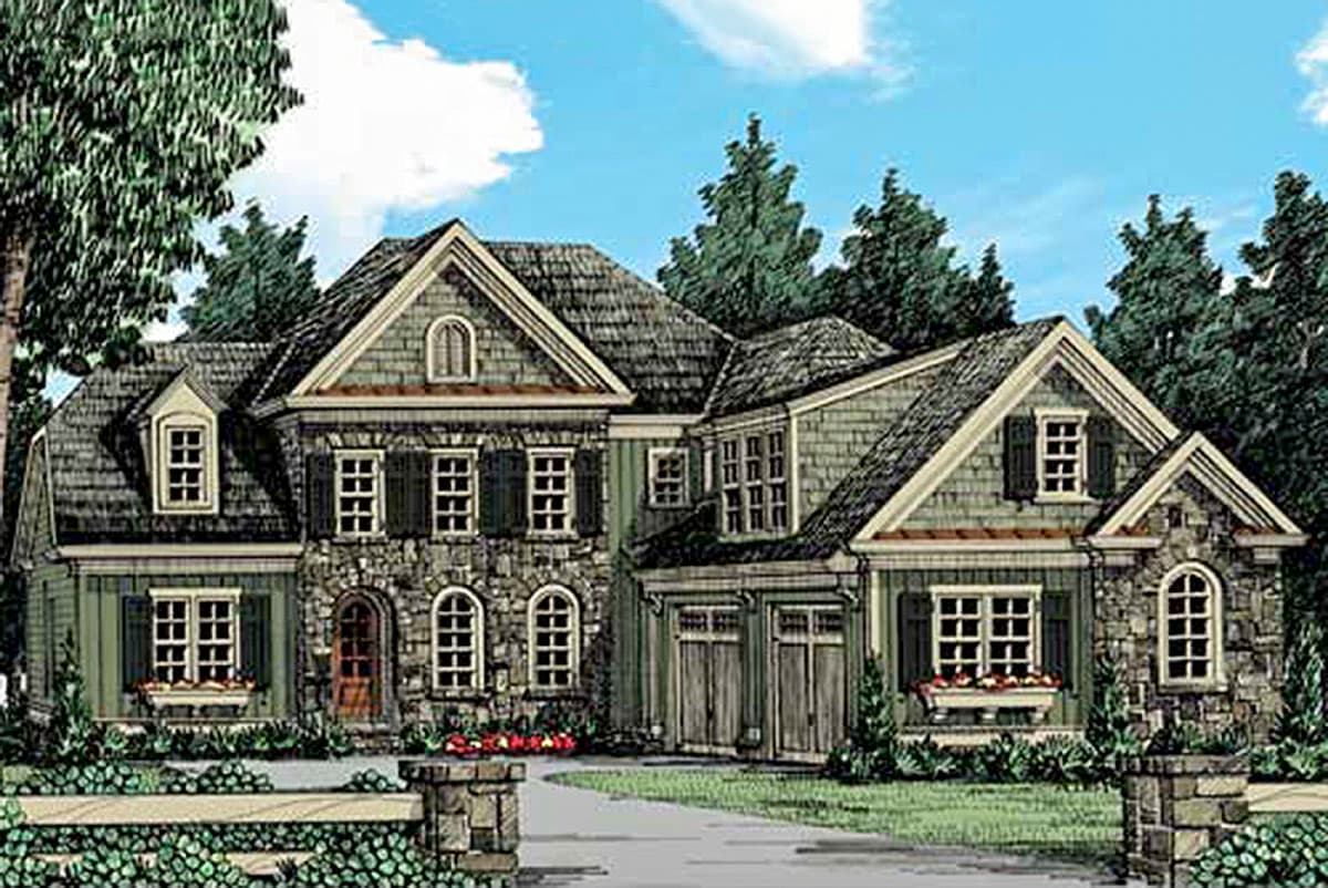 House plan exterior: Two-story home with stone accents, multiple gables, dormers, and a side-facing three-car garage.