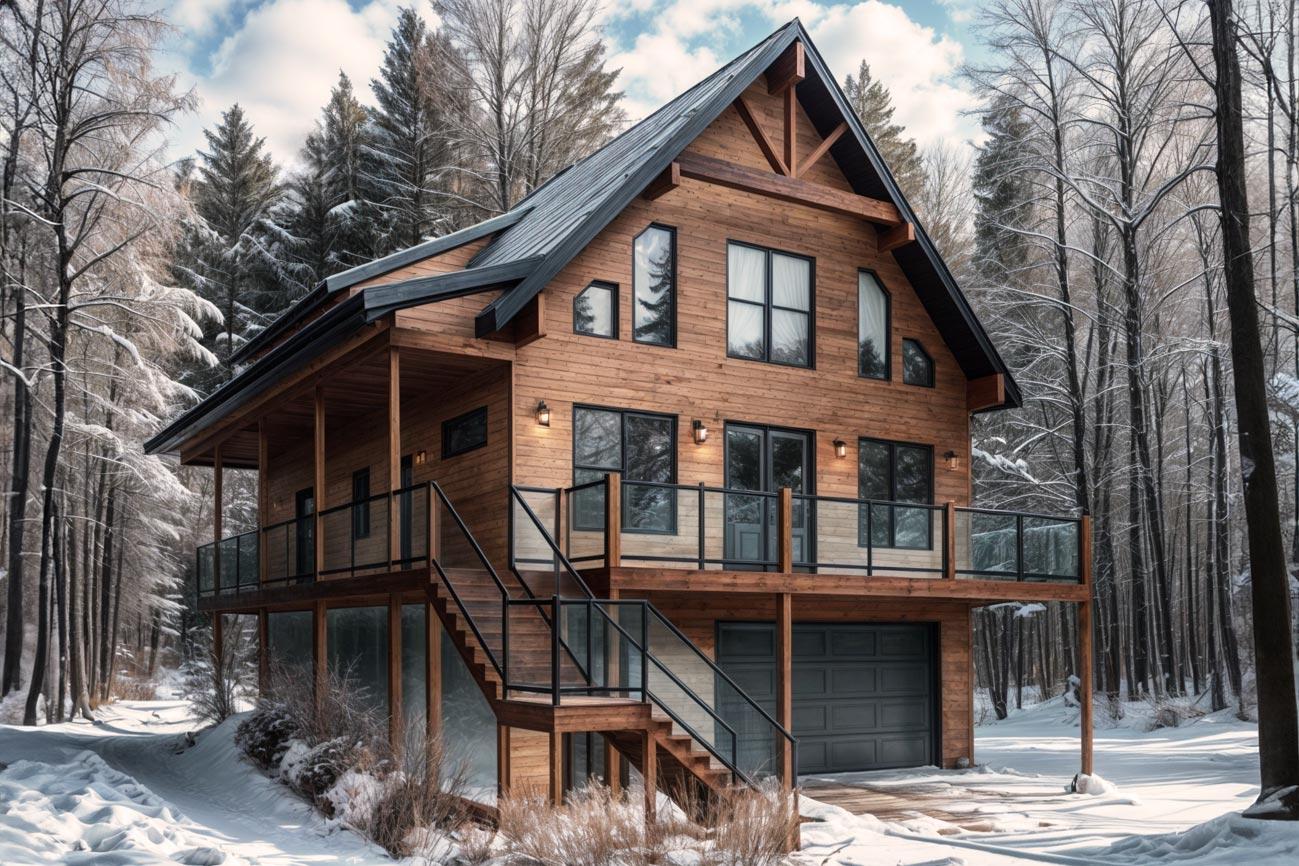 A two-story wooden cabin with a black roof and large windows sits in a snowy forest. A driveway leads to a garage below the second-floor deck.