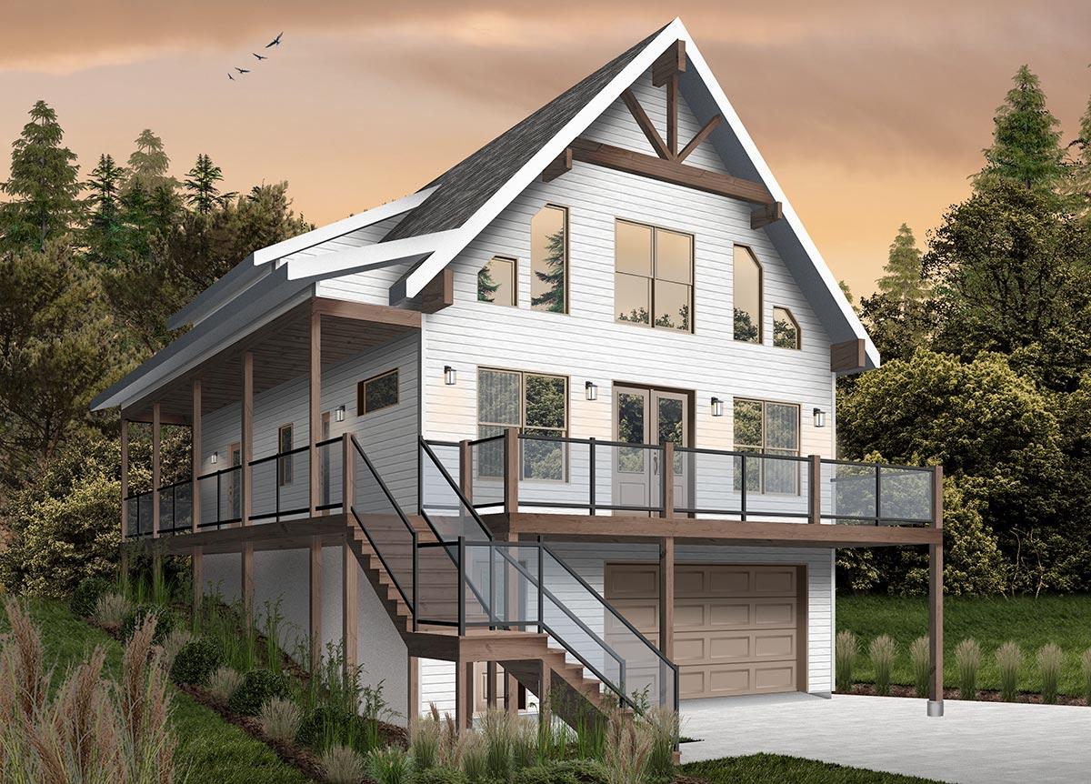 Modern two-story house with a white exterior, wooden accents, and a large porch, nestled among trees with an overcast sky.