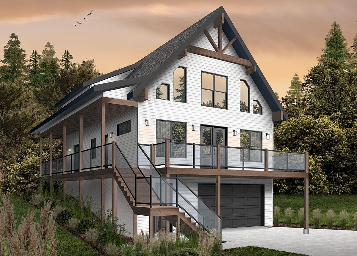 A modern white house with a high-pitched roof, black trim, and wooden accents. It has a wrap-around deck with glass railings and a garage below.