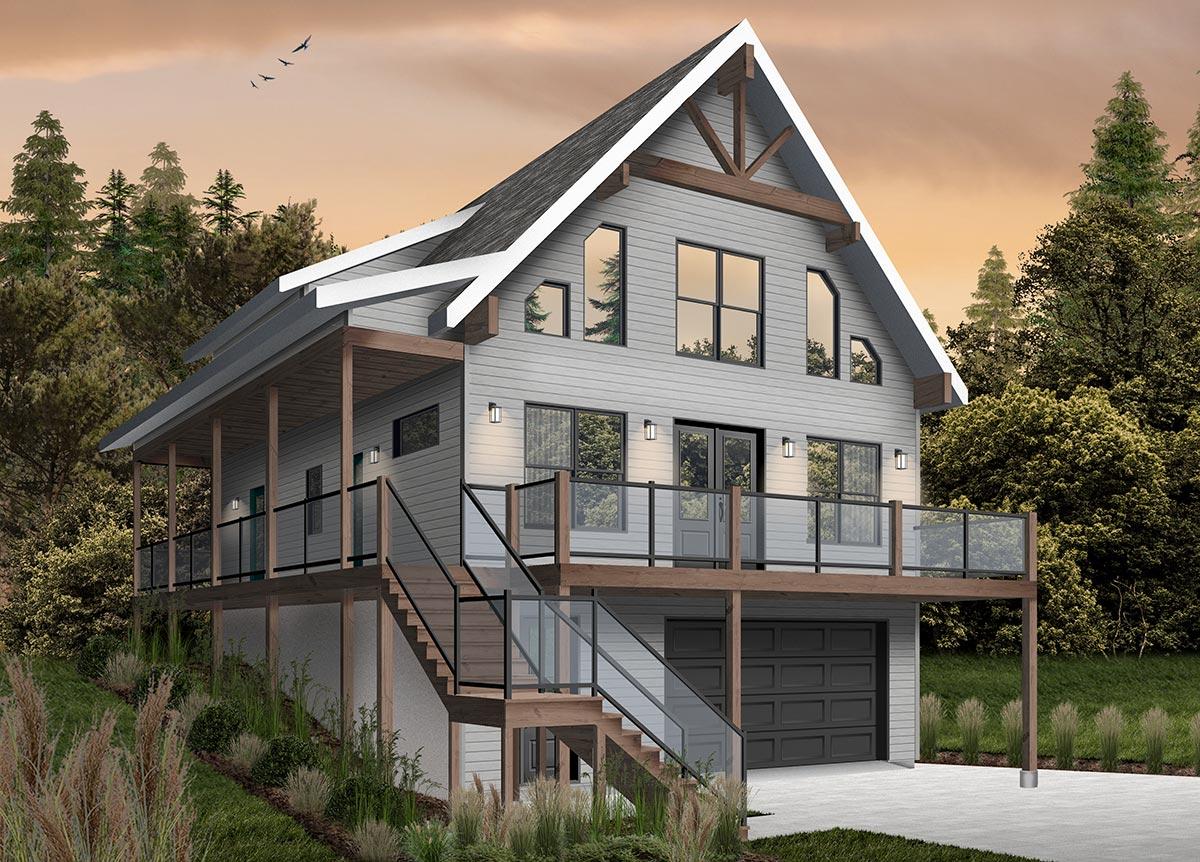 A modern, two-story house with a wooden deck and staircase. It has large windows and a garage, set against a backdrop of trees.