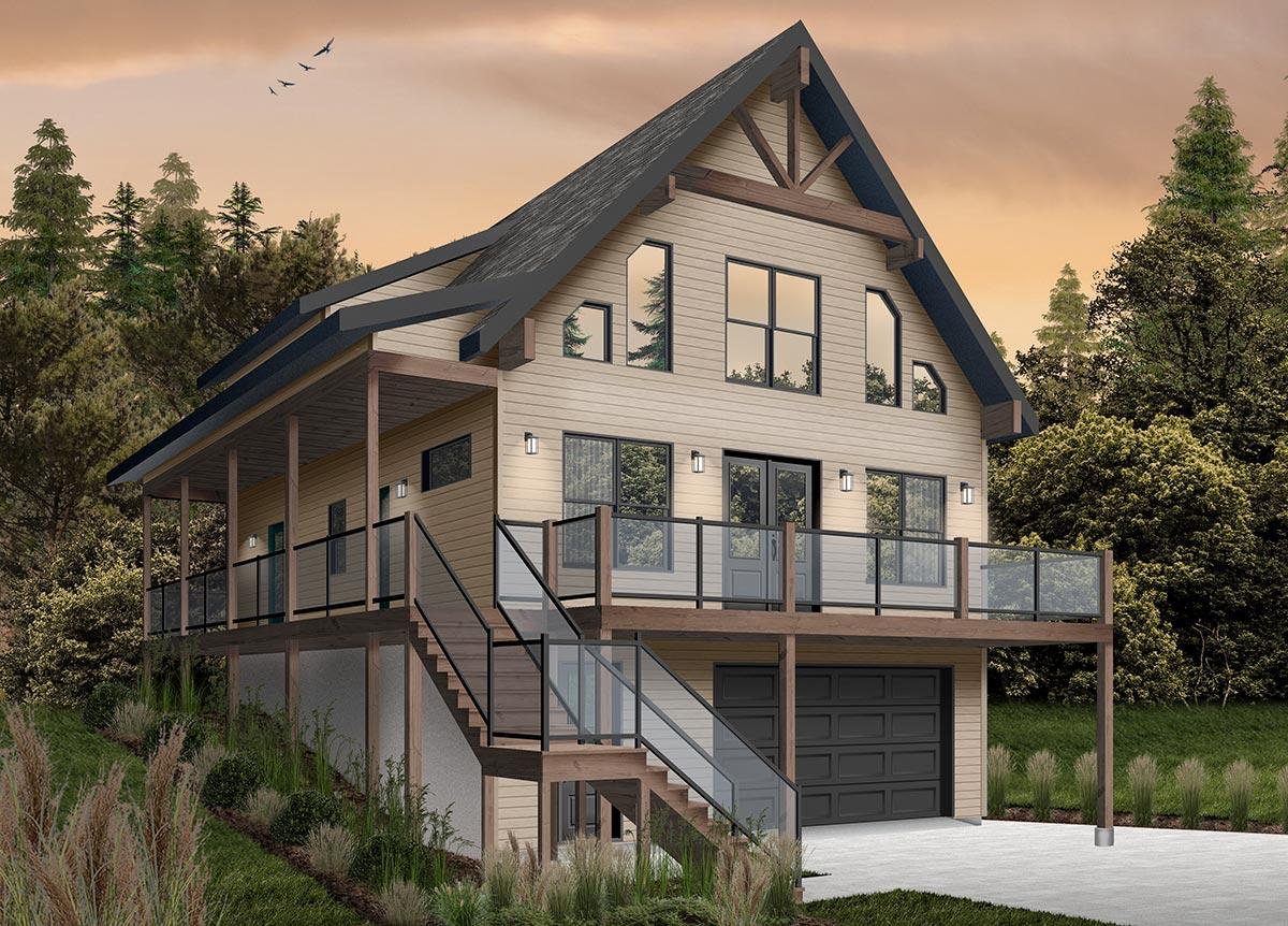 A modern two-story house with a black roof and large windows, situated amidst lush greenery. A deck and stairs lead to the front entrance.