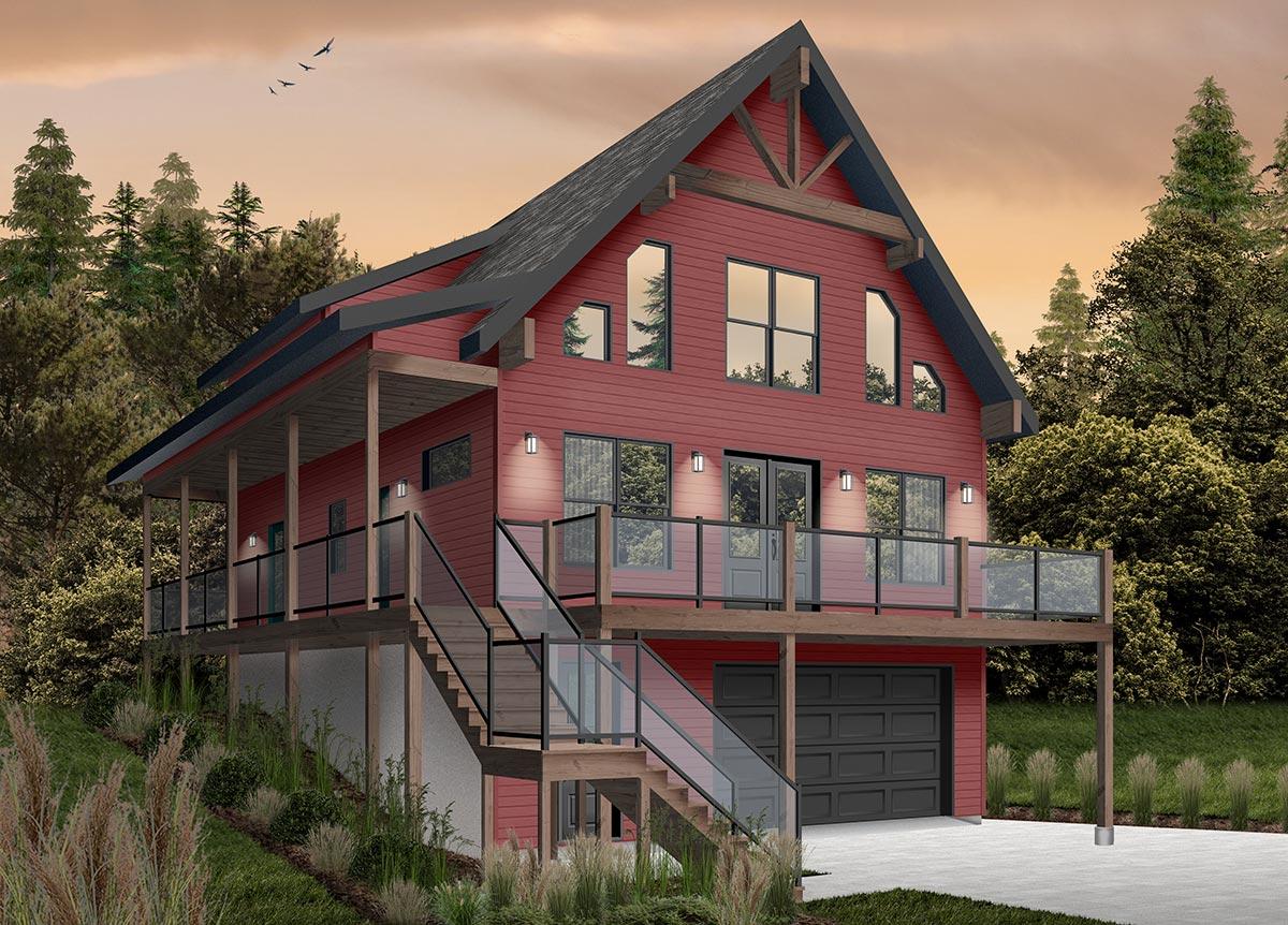 A two-story red cabin-style home with a black roof, deck, and garage. Surrounded by trees, it has a contemporary design with glass railings.