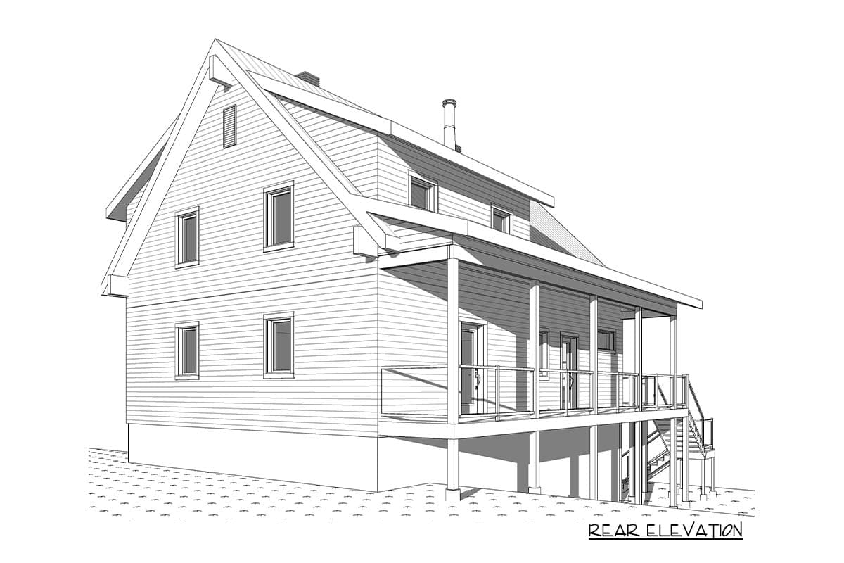A rear elevation architectural rendering of a two-story house with a porch. The house has a gabled roof and a deck with stairs leading down.