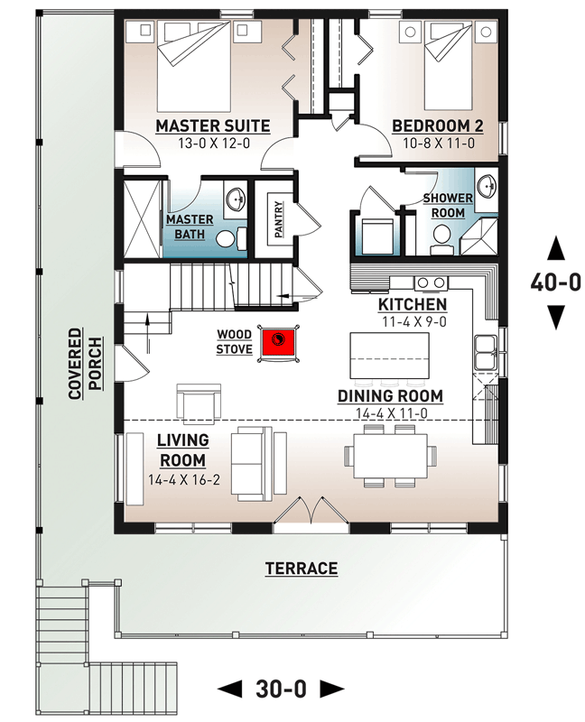 Plan 22557DR: 4-Bed Vacation House Plan with Main-Level Master Bedroom - 2255 Sq Ft - Floor Plan - Main Level - Cabin, Cottage, Country, Craftsman, Mountain, Rustic, Vacation