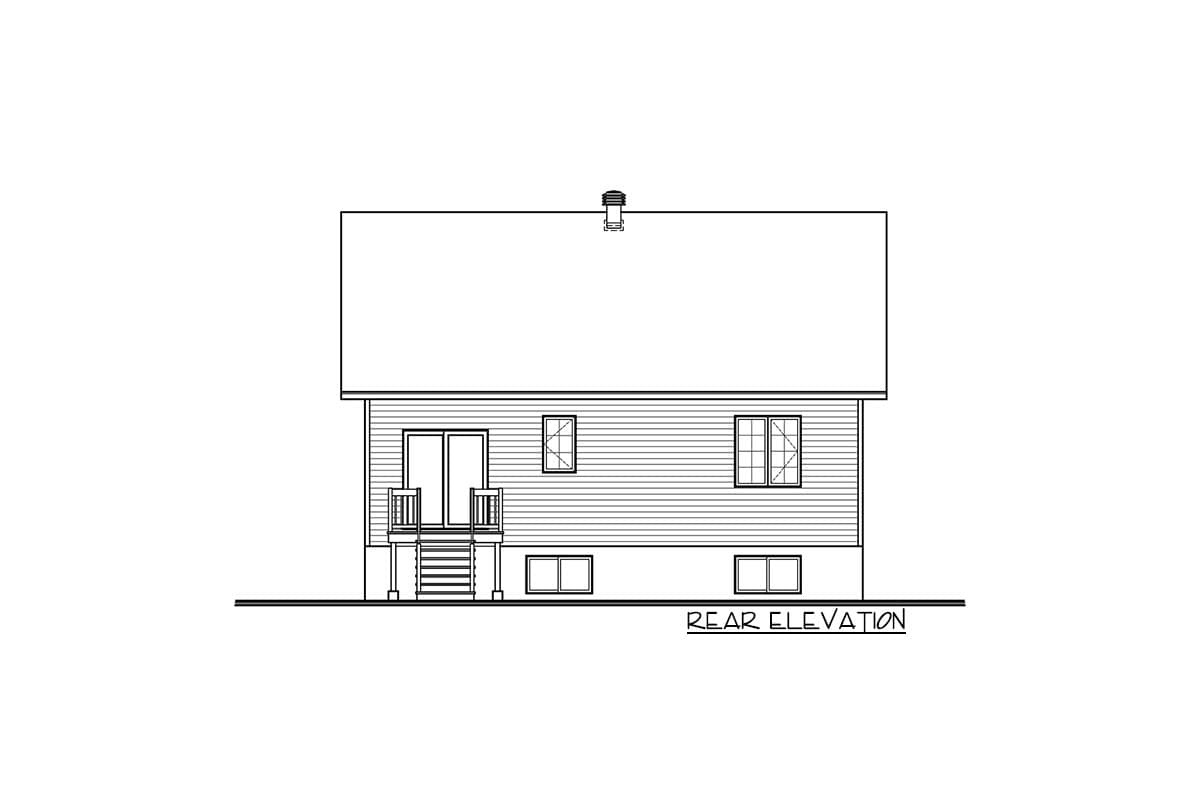 Rear elevation drawing of a house with double doors, a deck, three upper windows, and two lower windows.