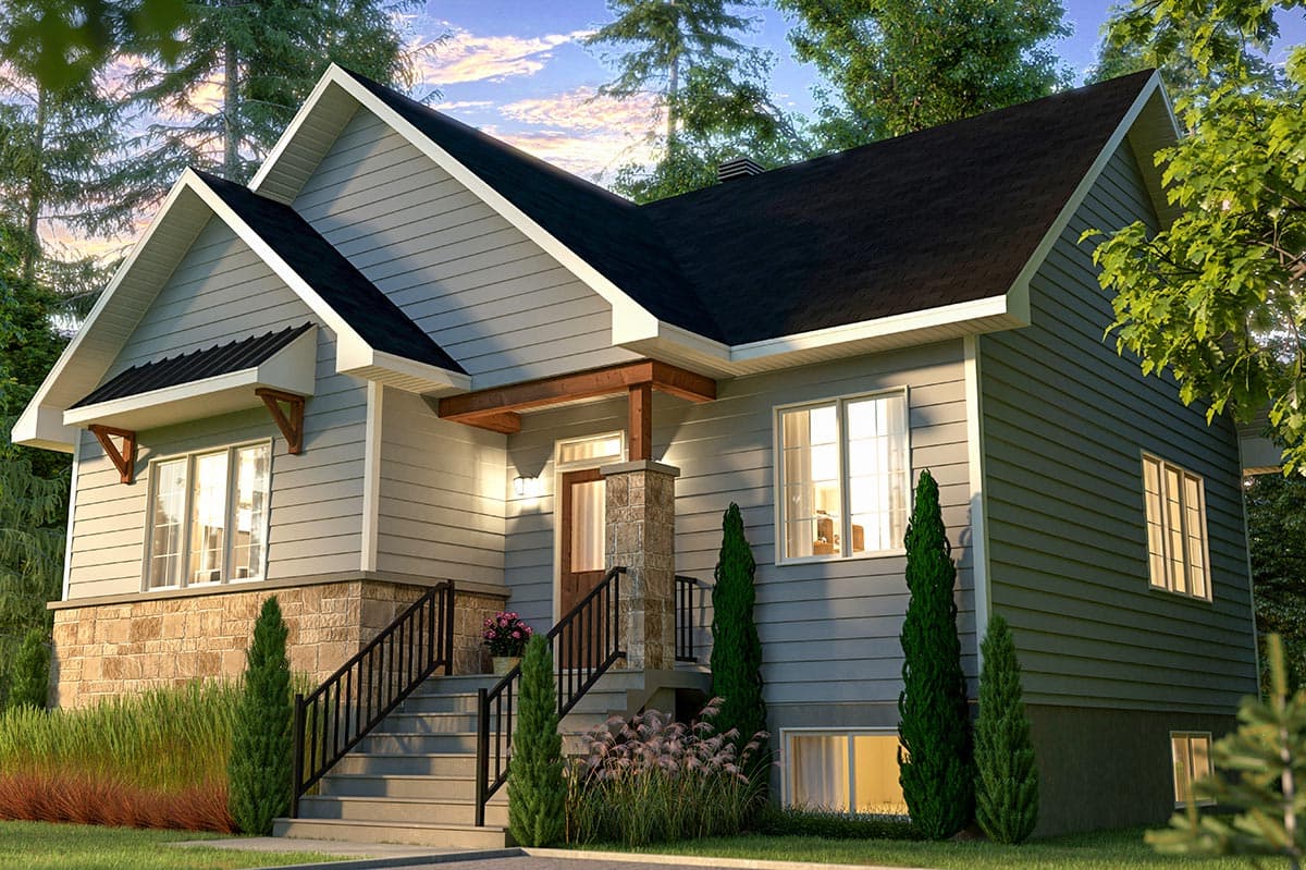 Modern house plan exterior with gables, stone base, and covered entry with wood beams. Two stories visible.