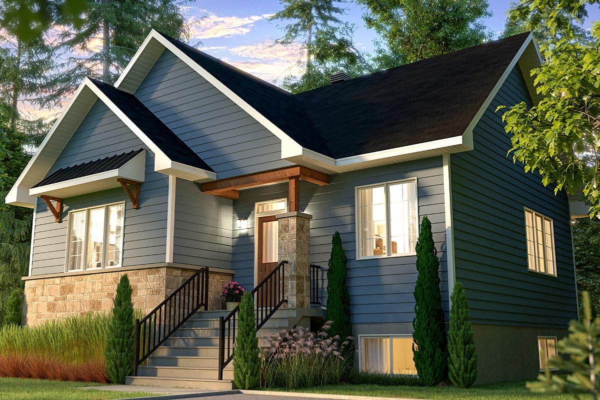 House plan exterior. Two-story home with a gabled roof, stone-clad foundation, and covered entry porch with timber detailing.
