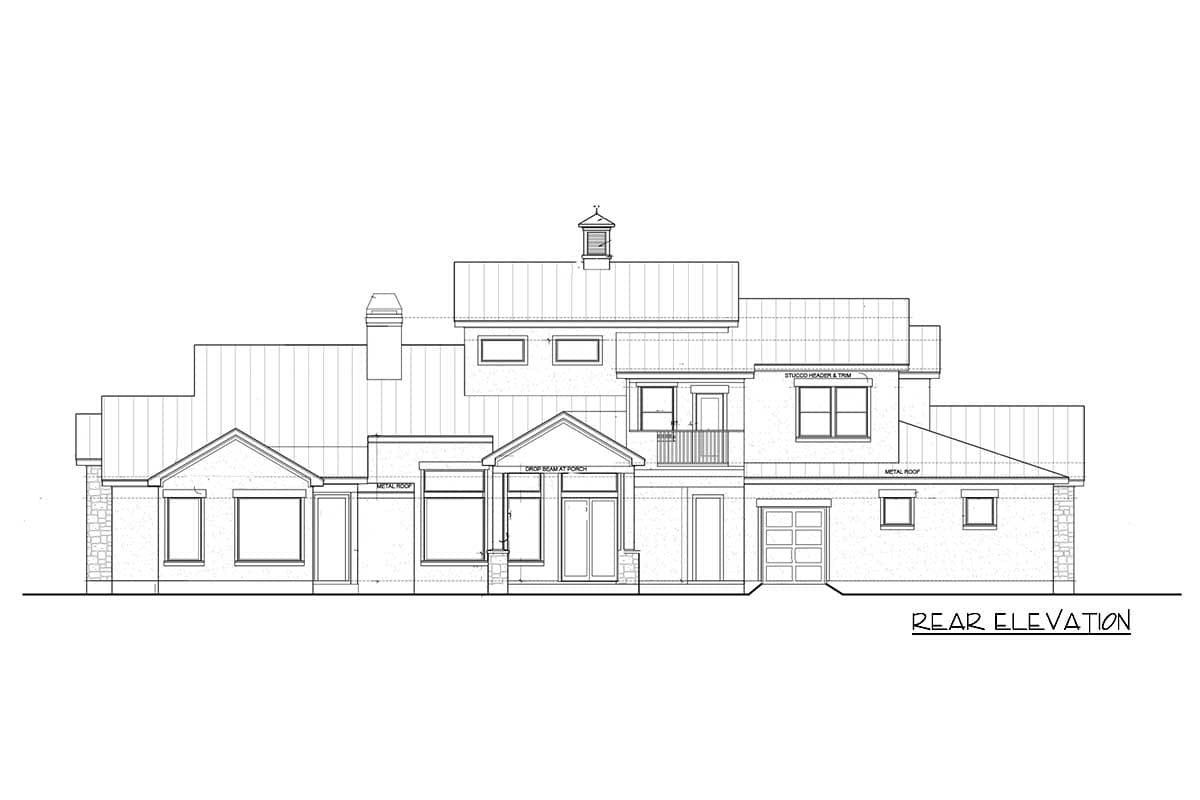 Rear elevation drawing of a multi-story house plan with metal roof, gables, dormers, covered porch, and garage.