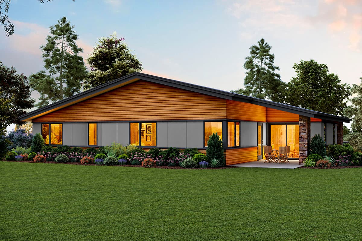 House plan exterior: single-story Modern style home with wood siding, expansive windows, and stone accents.