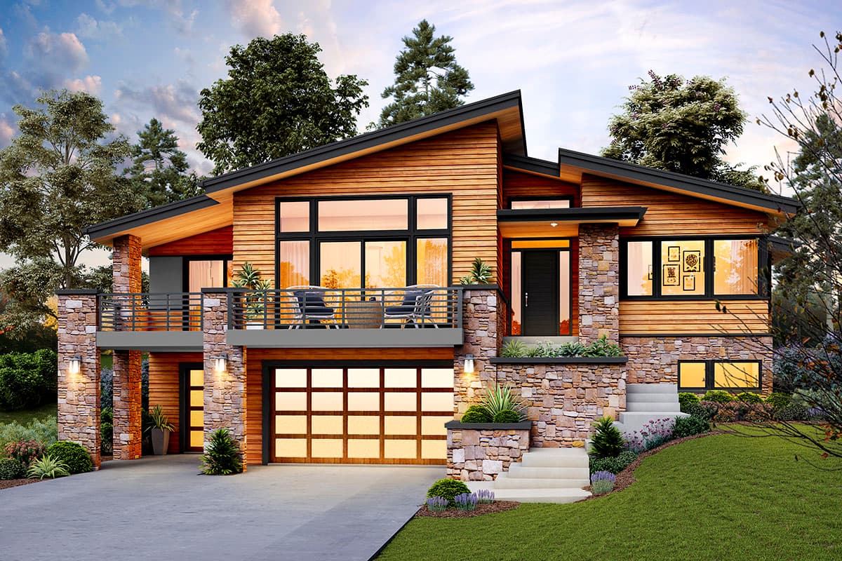 House plan exterior. Modern style, two-story home with wood siding, a flat roof, and stone accents. Features include a balcony and a garage.