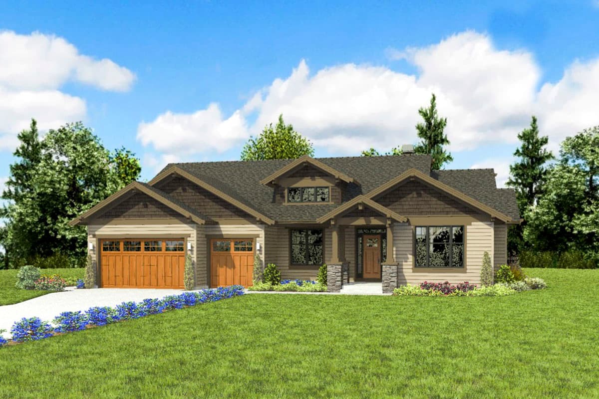 Modern Ranch house plan exterior with a prominent gable, dormer, and a 3-car side-facing garage.