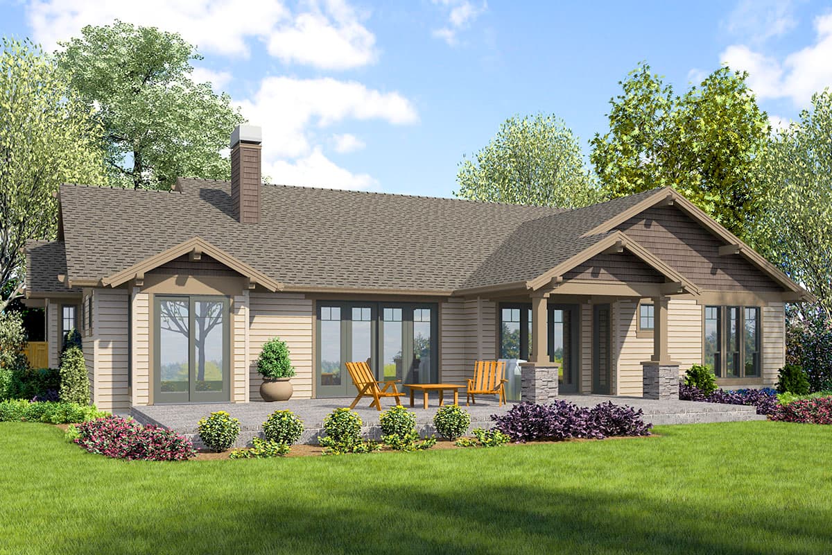 Craftsman style house plan exterior, one story, with prominent gables, covered porch, and stone-accented pillars.