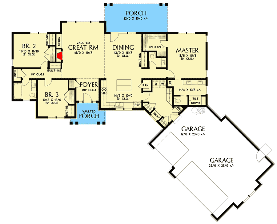 Plan 69749AM: One-Story Craftsman House Plan with 3-Car Garage - 1953 Sq Ft - Floor Plan - Main Level - Craftsman, Northwest, Ranch