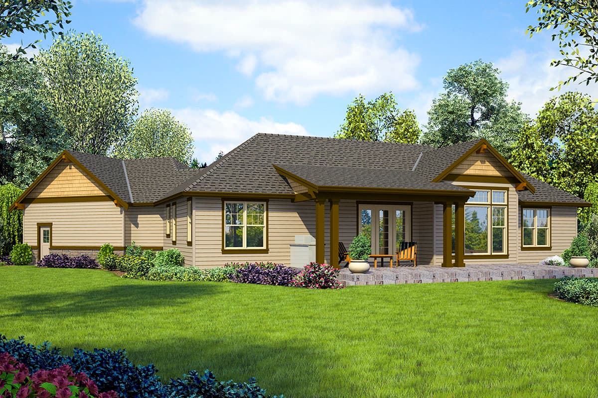 House plan exterior: Ranch-style, single-story with covered porch, gabled dormers, horizontal siding, and stone accents.