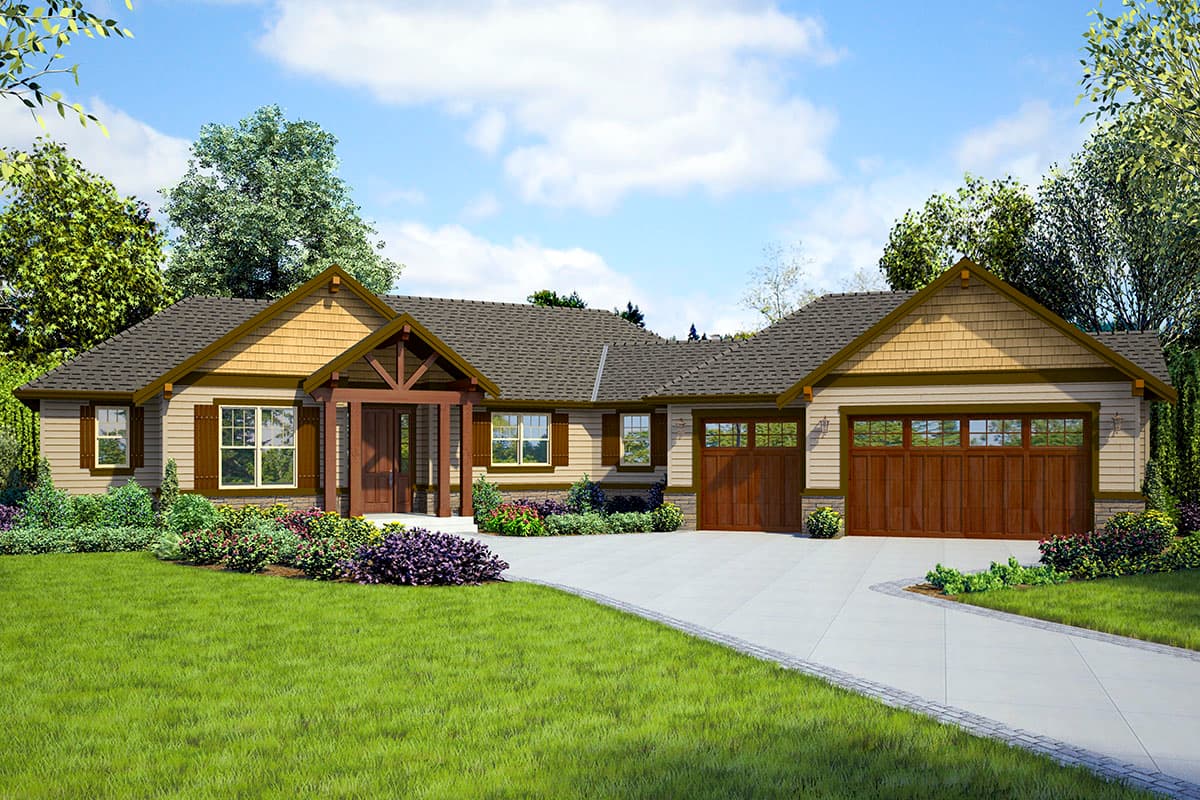 House plan exterior. Craftsman style, single-story home with a gabled roof, covered entry porch, and attached garage with wood doors.