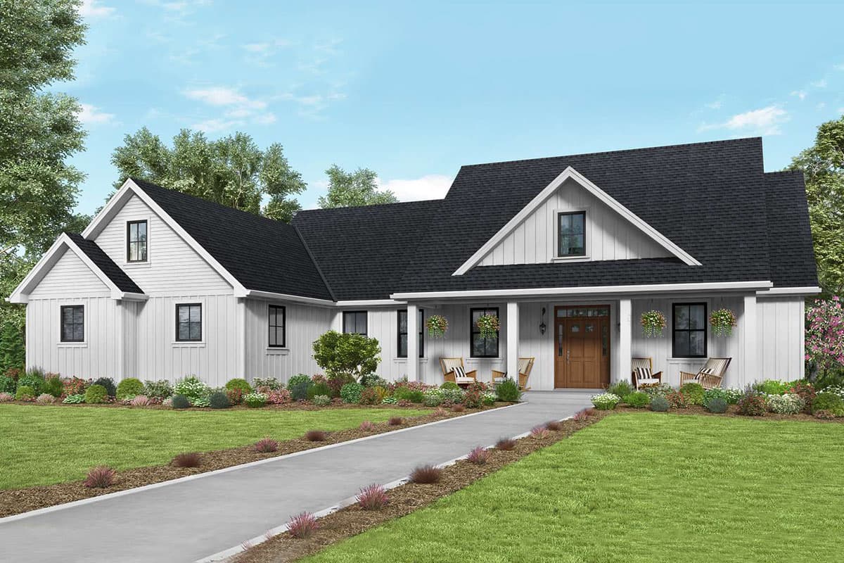 House plan exterior. Modern farmhouse style with two stories, gabled rooflines, a front porch, and black-framed windows.