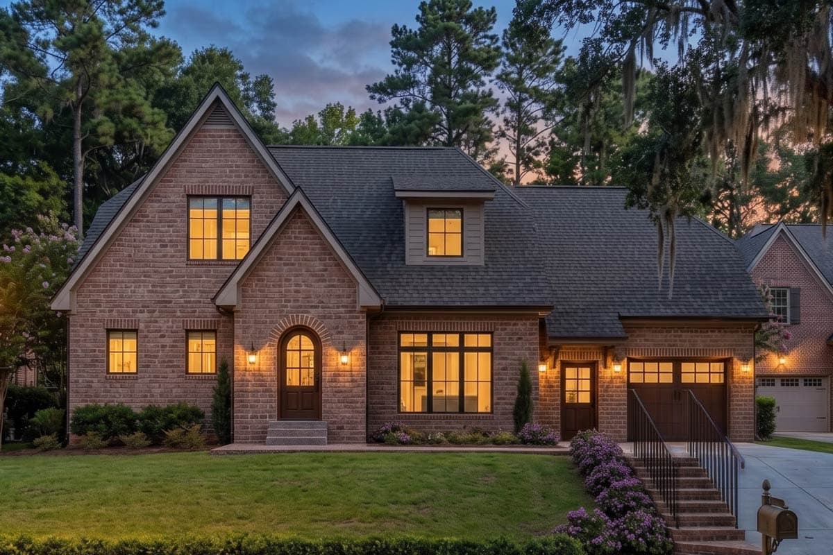 House plan exterior. Two-story brick home with gabled roof, dormer, and arched entryway. Attached garage and multiple windows are also visible.