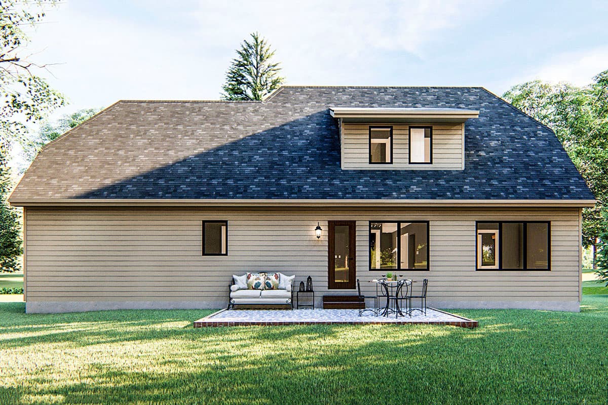 House plan exterior: Two-story home with horizontal siding, large windows, a dormer on the upper level, and a patio.
