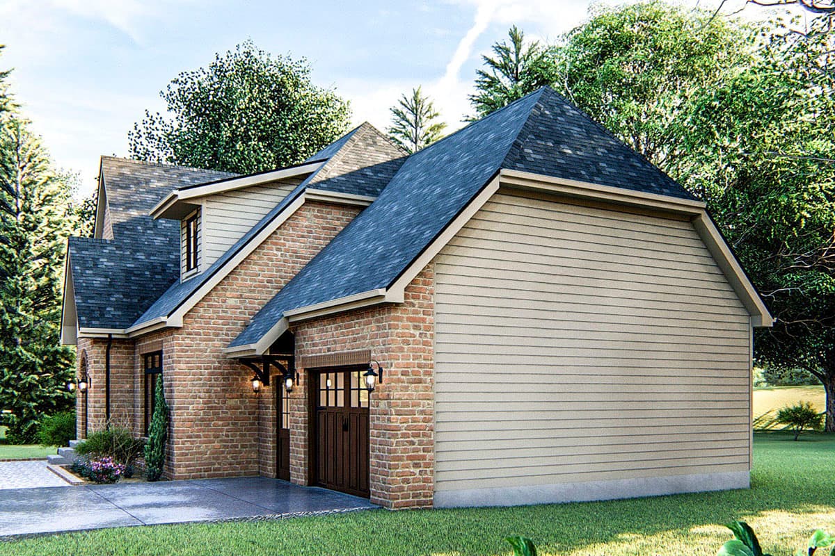 House plan exterior: Two-story home with brick and vinyl siding, multiple gables, dormer, and attached garage.