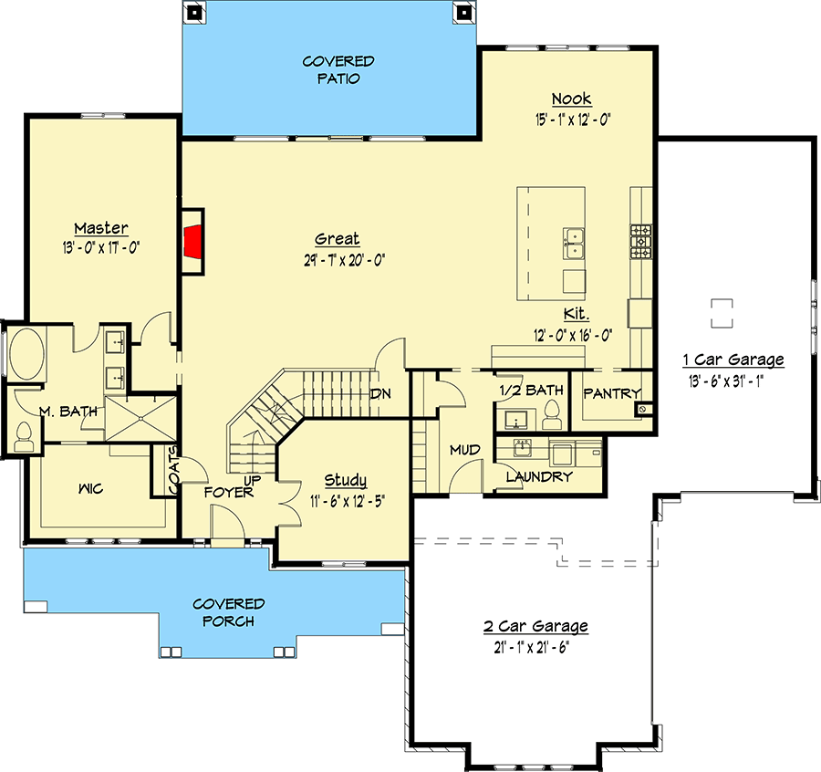 Plan 910000WHD: Gambrel Country House Plan with Optional Finished Lower Level - Floor Plan - Main Level - Craftsman, New American, Transitional