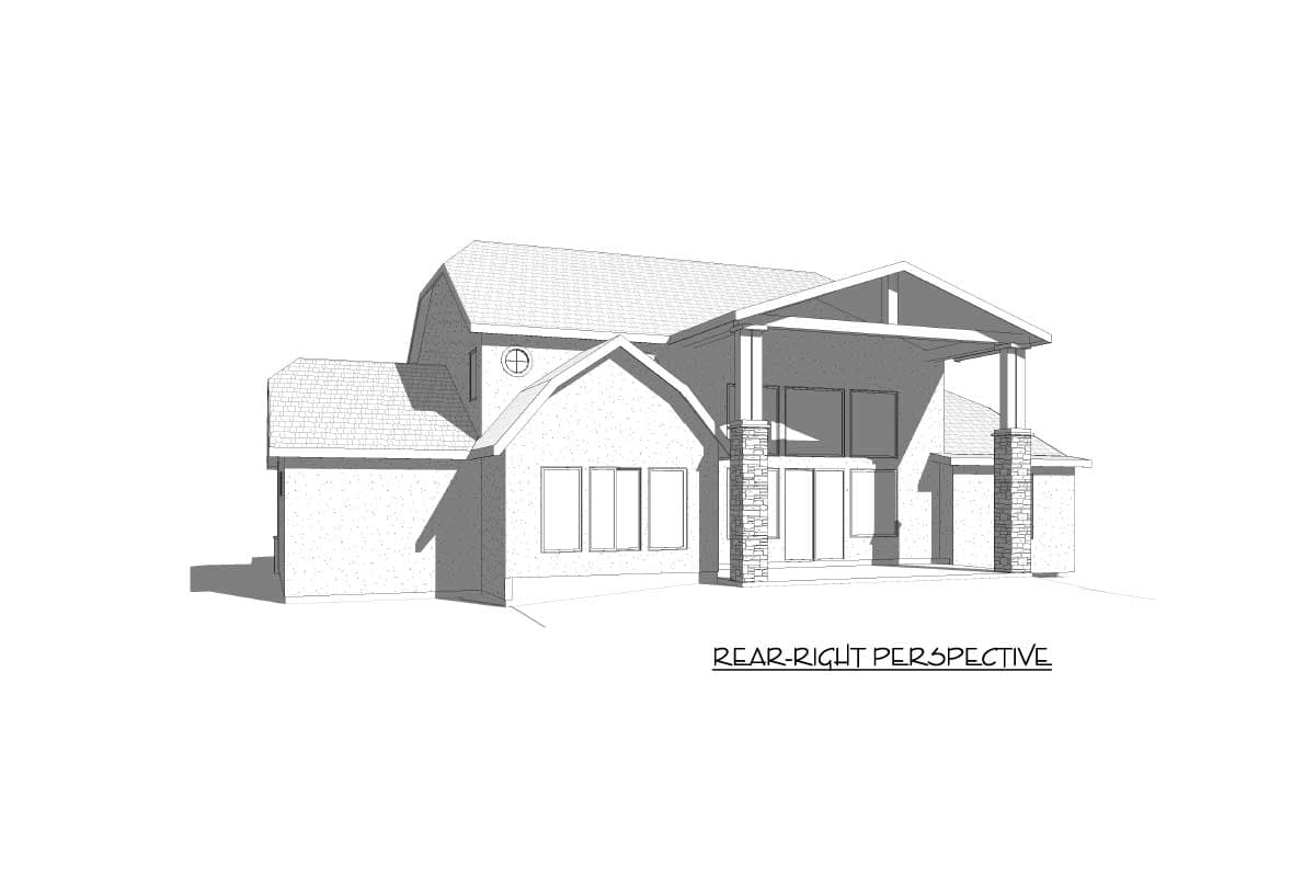 House plan exterior: Two-story design with a gambrel roof, gables, stone-clad columns, and a covered patio.