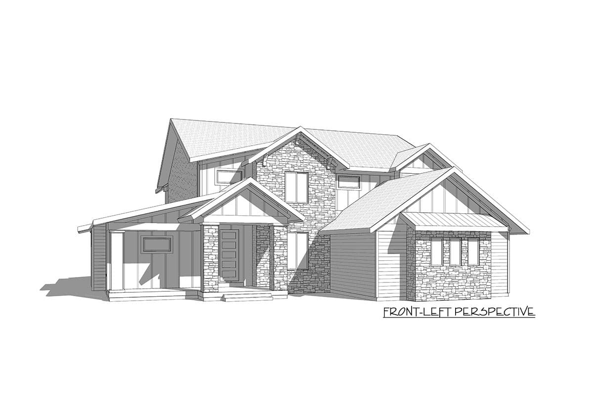 House plan exterior, front-left perspective showing a two-story home with stone accents, gabled rooflines, and covered entry.