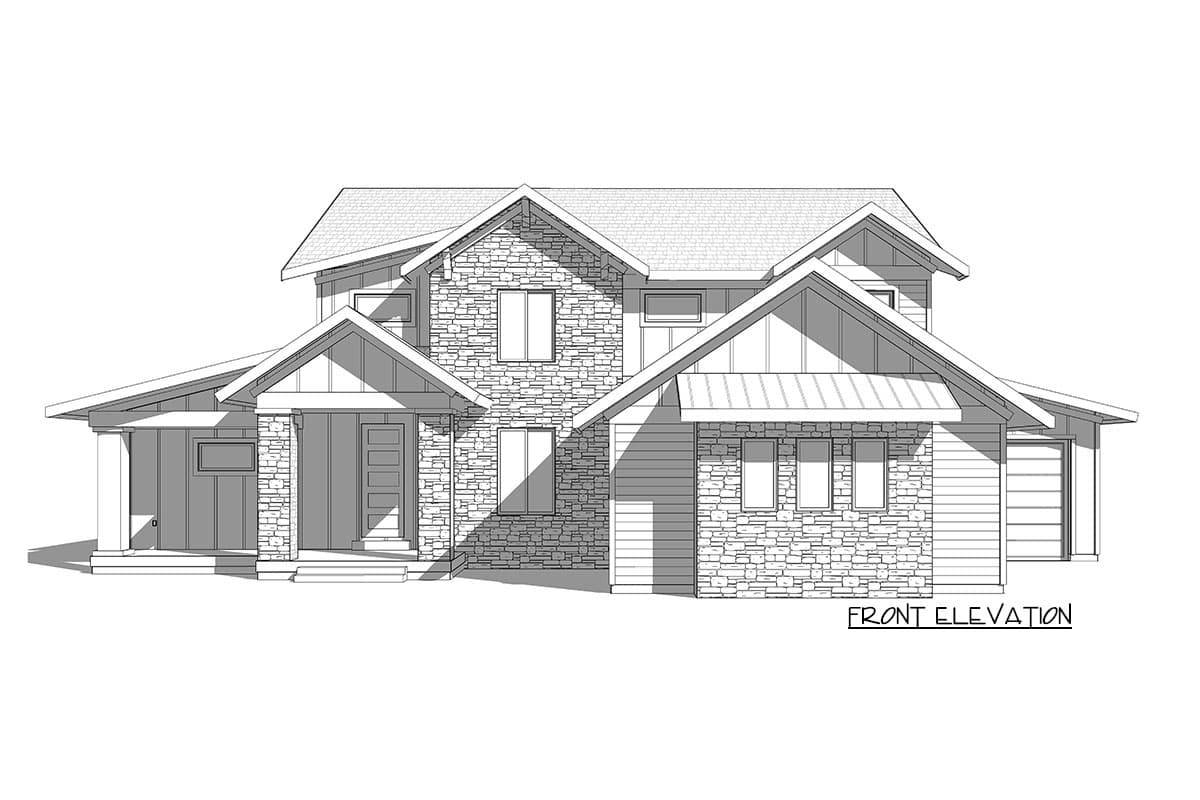 Front elevation house plan with stone and siding, covered porch, and multiple gables.
