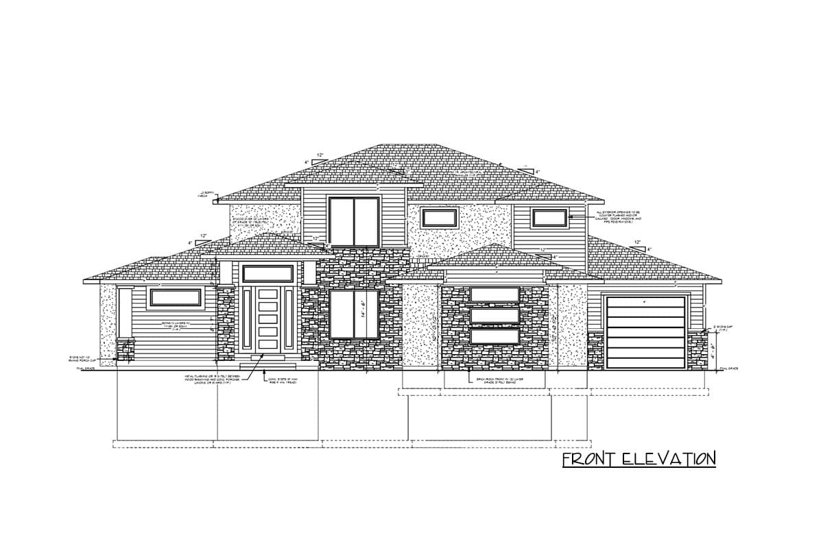 Front elevation drawing of a two-story house plan with stone and horizontal siding, a prominent entry, and an attached garage.